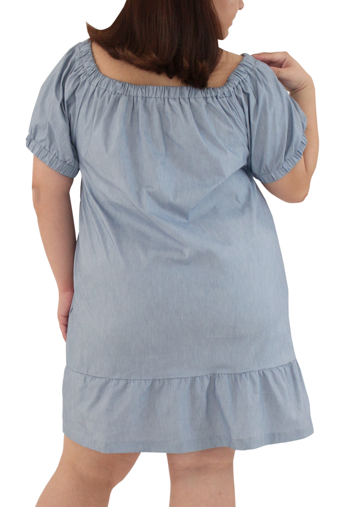 Short Bubble Sleeve Short Dress (FDS-069)-Chambray