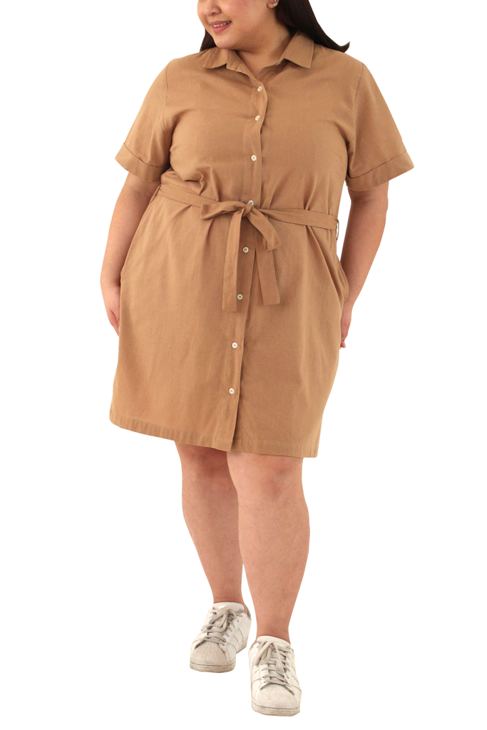Collared Shirt Dress (FDS-061A)- Tan
