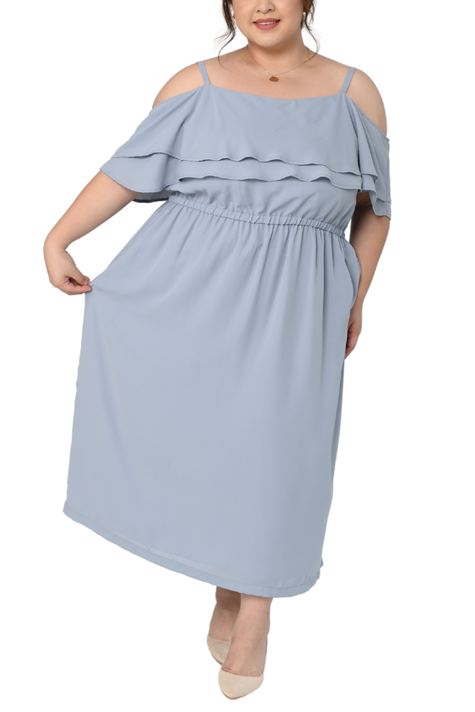 Cold Shoulder Double Overlay Long Dress ( FDS-079 ) - Dusty Blue