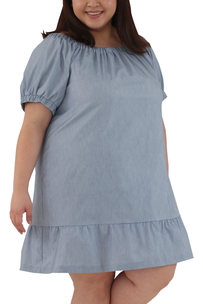 Short Bubble Sleeve Short Dress (FDS-069)-Chambray>>>>>Before: Php 1,799.75